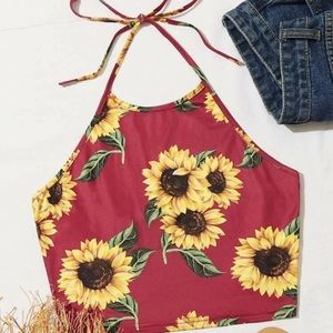 SHEIN sunflower print tie back halter top